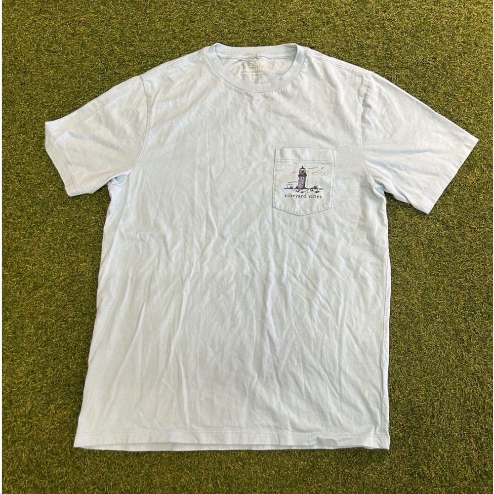 Vineyard Vines Mens Small Light Blue Lighthouse Pocket T-Shirt Cotton Tee